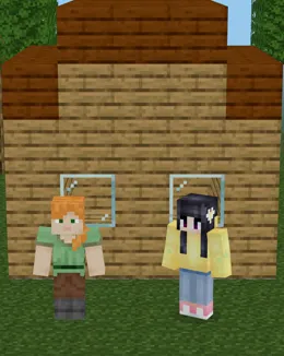 Annie and a child’s character in front of a Minecraft house